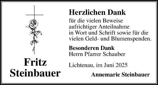 Traueranzeige von Fritz Steinbauer von Ansbach