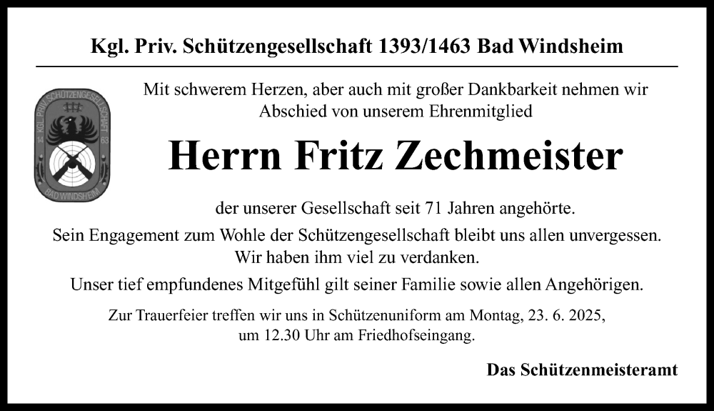  Traueranzeige für Fritz Zechmeister vom 20.06.2025 aus Neustadt/ Scheinfeld/ Uffenheim