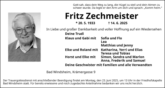 Traueranzeige von Fritz Zechmeister von Neustadt/ Scheinfeld/ Uffenheim