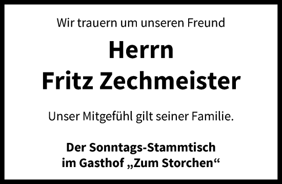 Traueranzeige von Fritz Zechmeister von Neustadt/ Scheinfeld/ Uffenheim