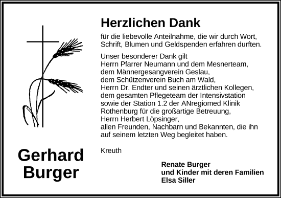 Traueranzeige von Gerhard Burger von Rothenburg
