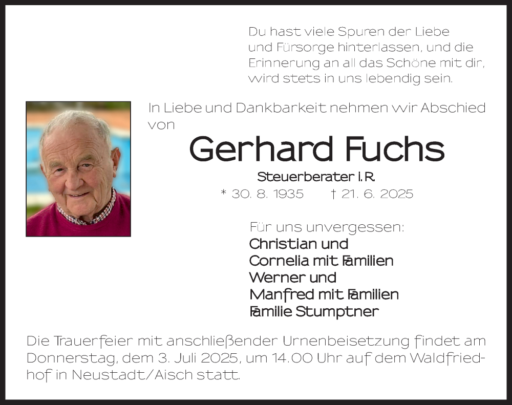  Traueranzeige für Gerhard Fuchs vom 28.06.2025 aus Neustadt/ Scheinfeld/ Uffenheim