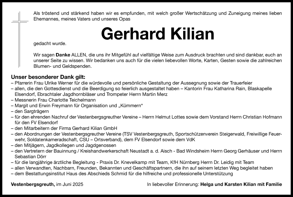  Traueranzeige für Gerhard Kilian vom 14.06.2025 aus Neustadt/ Scheinfeld/ Uffenheim