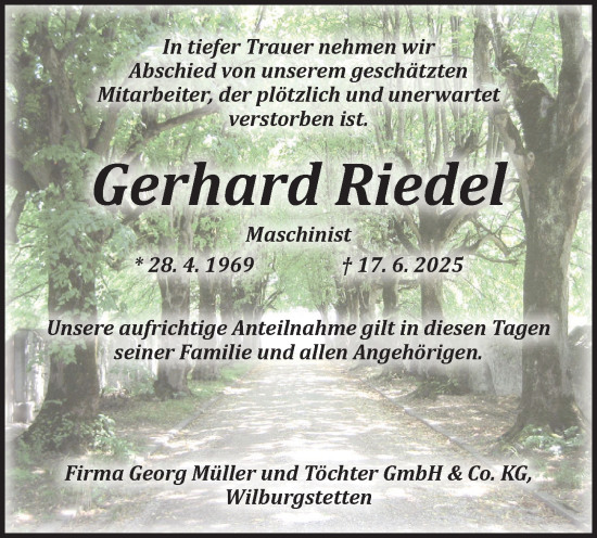 Traueranzeige von Gerhard Riedel von Ansbach