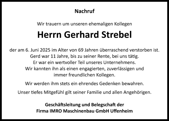 Traueranzeige von Gerhard Strebel von Neustadt/ Scheinfeld/ Uffenheim