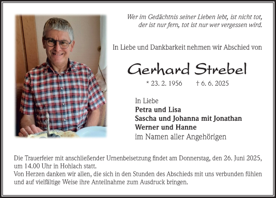 Traueranzeige von Gerhard Strebel von Neustadt/ Scheinfeld/ Uffenheim