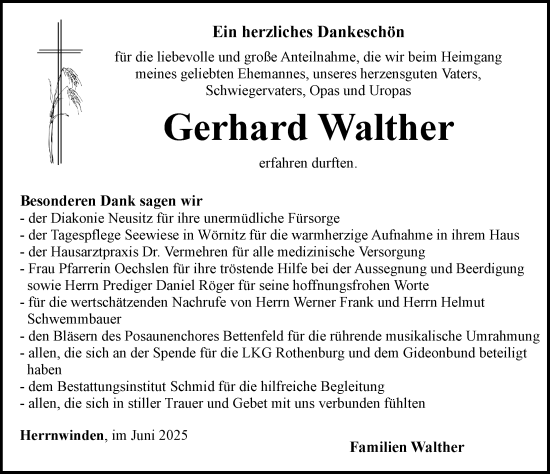 Traueranzeige von Gerhard Walther von Rothenburg