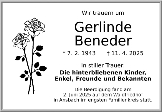 Traueranzeige von Gerlinde Beneder von Ansbach