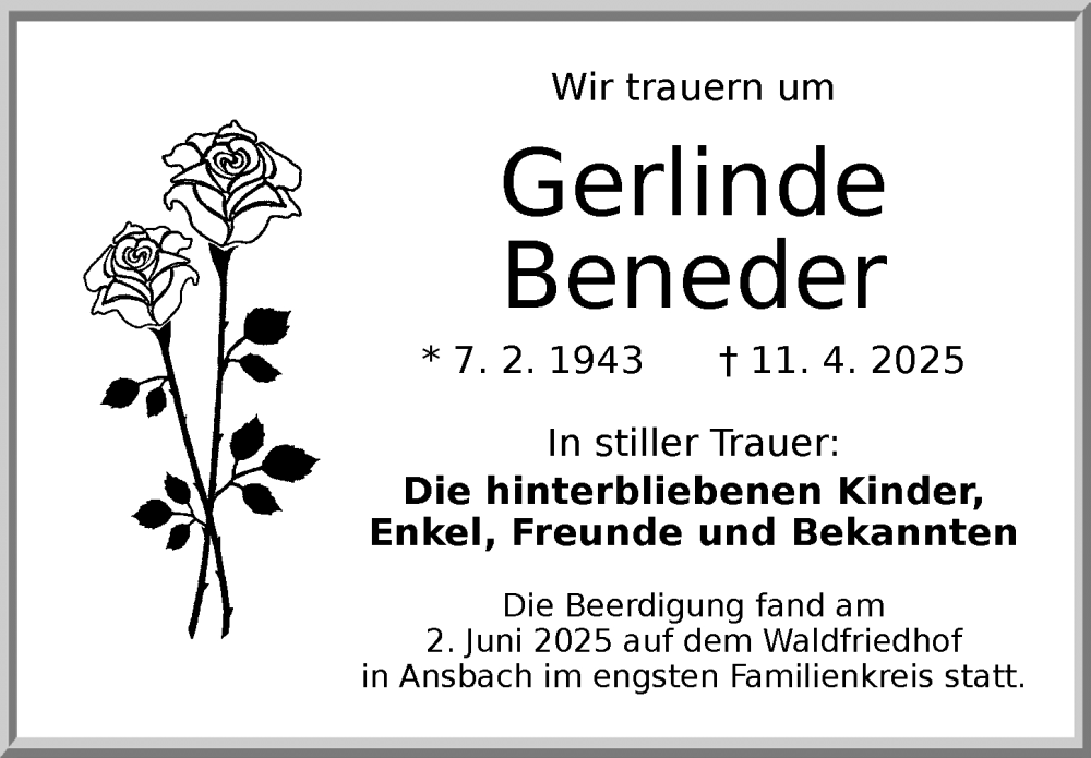  Traueranzeige für Gerlinde Beneder vom 14.06.2025 aus Ansbach