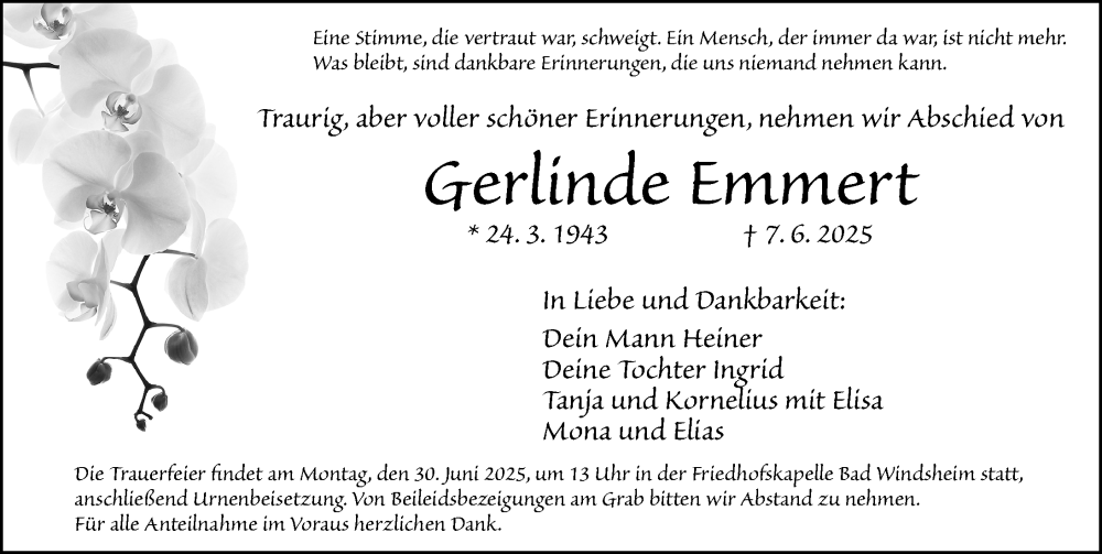  Traueranzeige für Gerlinde Emmert vom 27.06.2025 aus Neustadt/ Scheinfeld/ Uffenheim