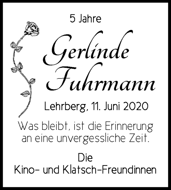 Traueranzeige von Gerlinde Fuhrmann von Ansbach