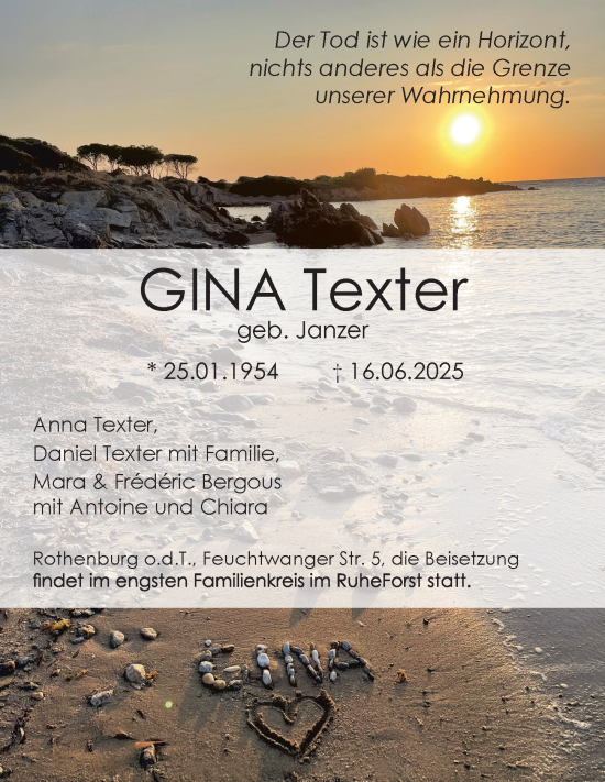 Traueranzeige von Gina Texter von Rothenburg