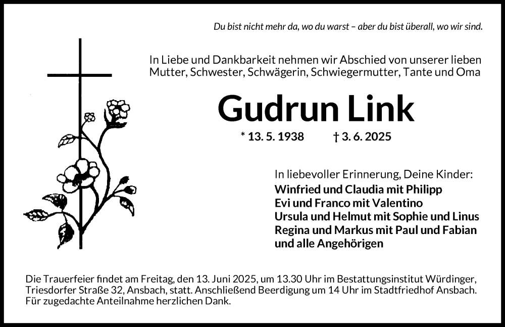  Traueranzeige für Gudrun Link vom 07.06.2025 aus Ansbach