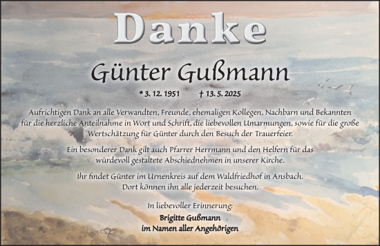 Traueranzeige von Günter Gußmann von Ansbach