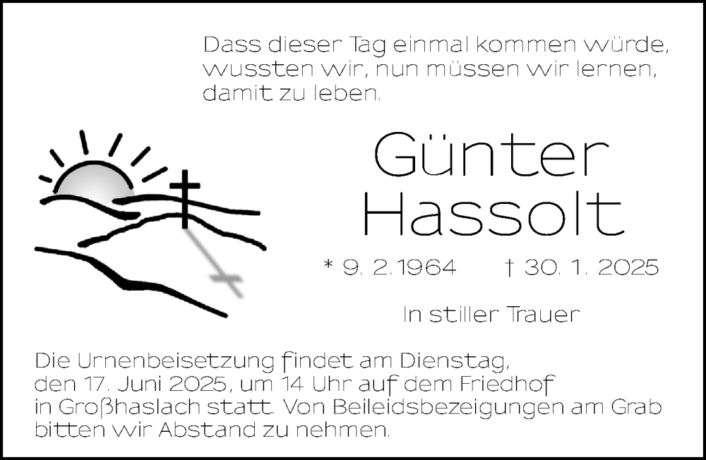  Traueranzeige für Günter Hassolt vom 16.06.2025 aus Ansbach