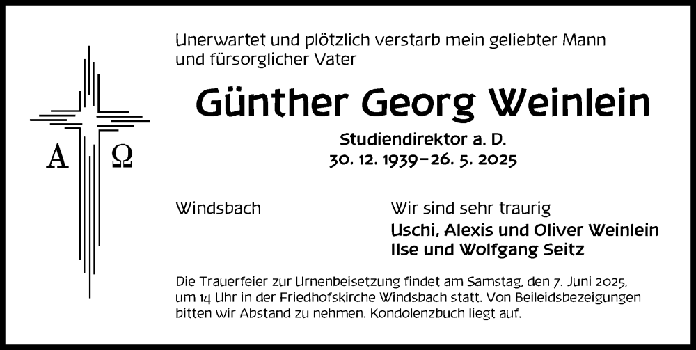  Traueranzeige für Günther Georg Weinlein vom 04.06.2025 aus Ansbach