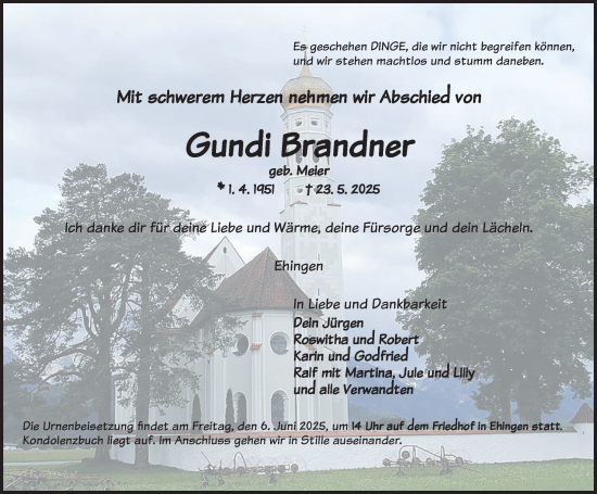 Traueranzeige von Gundi Brandner von Dinkelsbühl/ Feuchtwangen