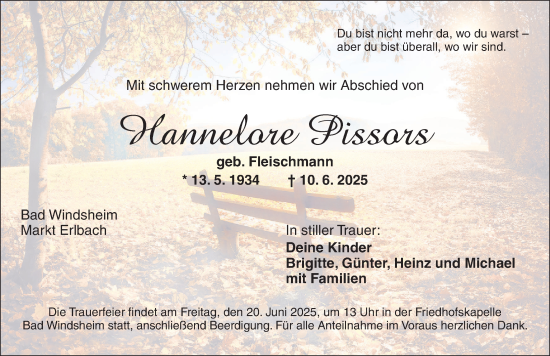 Traueranzeige von Hannelore Pissors von Neustadt/ Scheinfeld/ Uffenheim