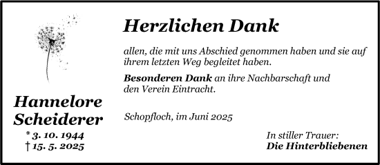 Traueranzeige von Hannelore Scheiderer von Dinkelsbühl/ Feuchtwangen
