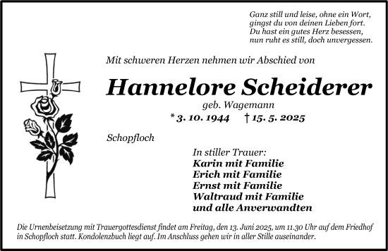 Traueranzeige von Hannelore Scheiderer von Dinkelsbühl/ Feuchtwangen