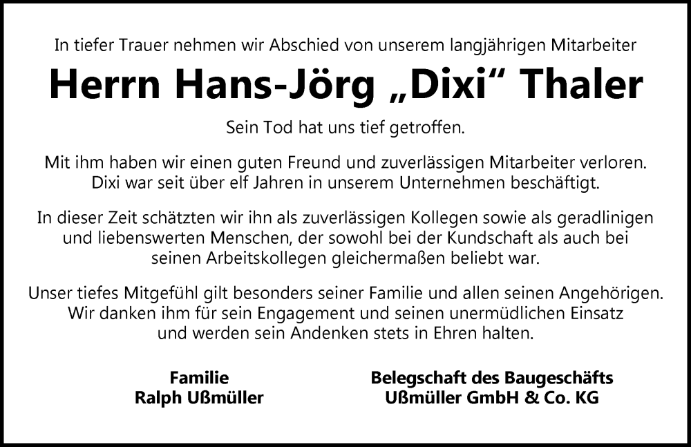  Traueranzeige für Hans-Jörg Thaler vom 14.06.2025 aus Neustadt/ Scheinfeld/ Uffenheim