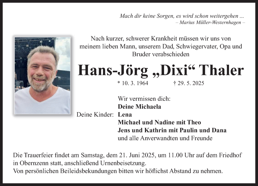  Traueranzeige für Hans-Jörg Thaler vom 14.06.2025 aus Neustadt/ Scheinfeld/ Uffenheim