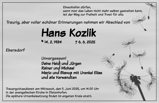 Traueranzeige von Hans Kozlik von Ansbach