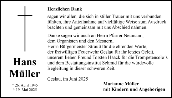 Traueranzeige von Hans Müller von Rothenburg