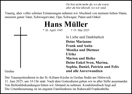 Traueranzeige von Hans Müller von Rothenburg