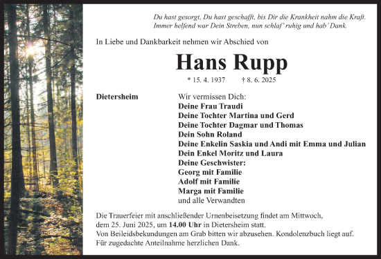Traueranzeige von Hans Rupp von Neustadt/ Scheinfeld/ Uffenheim
