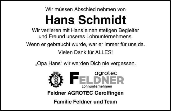 Traueranzeige von Hans Schmidt von Dinkelsbühl/ Feuchtwangen