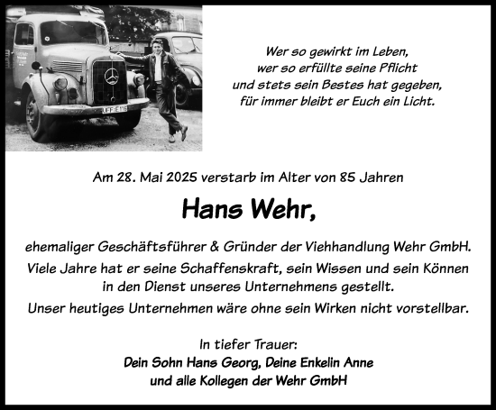 Traueranzeige von Hans Wehr von Rothenburg