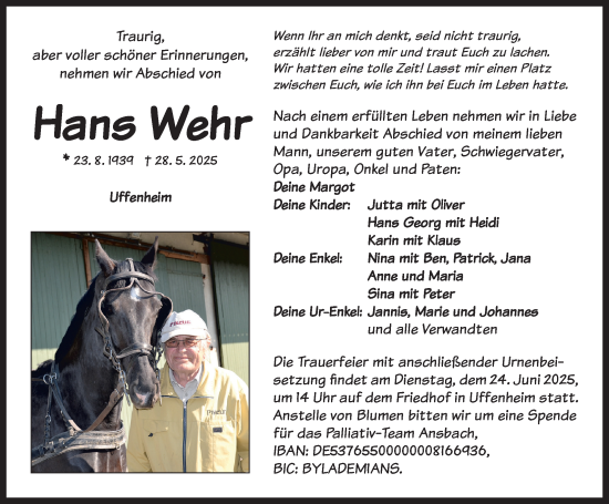 Traueranzeige von Hans Wehr von Neustadt/ Scheinfeld/ Uffenheim