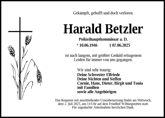 Traueranzeige von Harald Betzler von Dinkelsbühl/ Feuchtwangen
