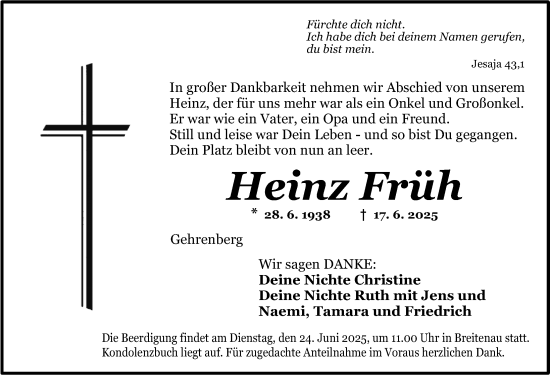 Traueranzeige von Heinz Früh von Dinkelsbühl/ Feuchtwangen