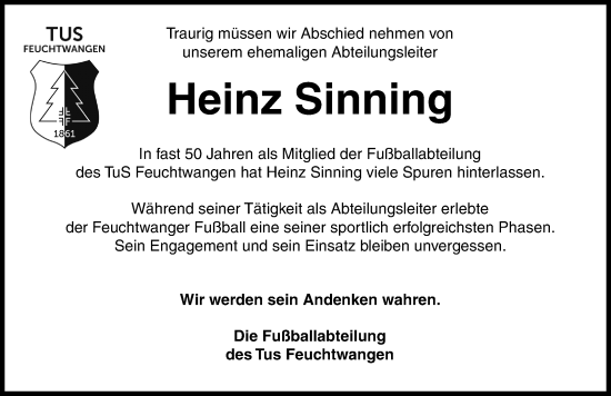 Traueranzeige von Heinz Sinning von Dinkelsbühl/ Feuchtwangen