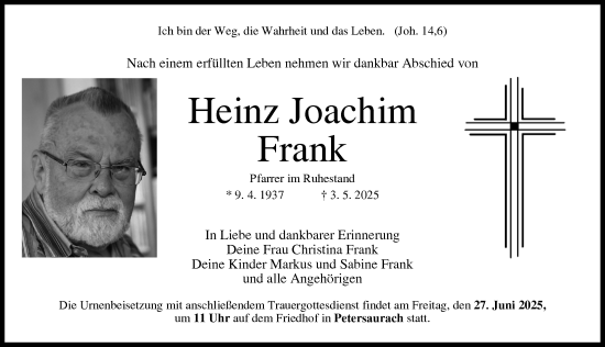 Traueranzeige von Heinz Joachim Frank von Ansbach