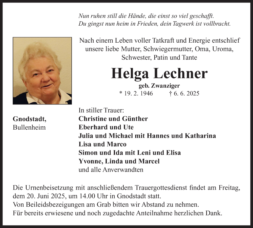 Traueranzeige für Helga Lechner vom 14.06.2025 aus Neustadt/ Scheinfeld/ Uffenheim