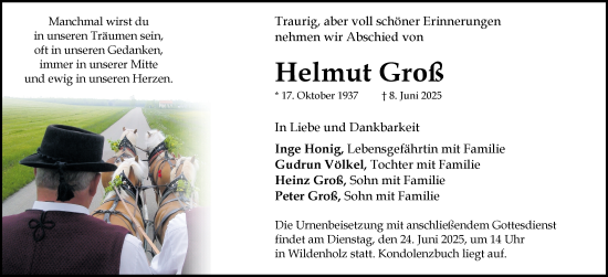 Traueranzeige von Helmut Groß von Dinkelsbühl/ Feuchtwangen