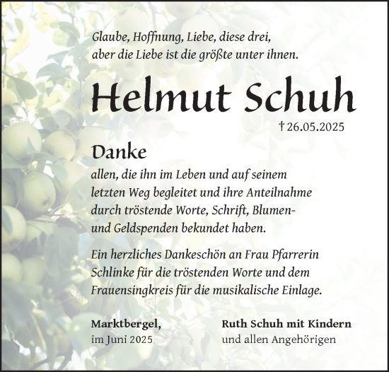 Traueranzeige von Helmut Schuh von Neustadt/ Scheinfeld/ Uffenheim