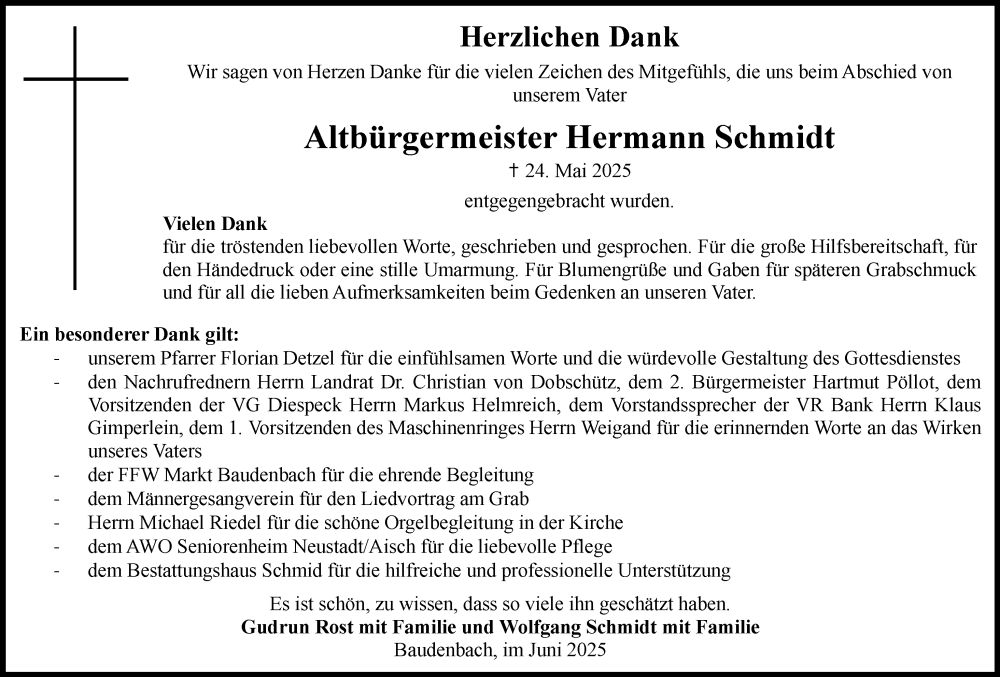  Traueranzeige für Hermann Schmidt vom 07.06.2025 aus Neustadt/ Scheinfeld/ Uffenheim