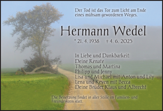 Traueranzeige von Hermann Wedel von Dinkelsbühl/ Feuchtwangen