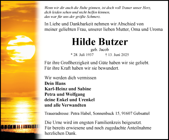 Traueranzeige von Hilde Butzer von Rothenburg
