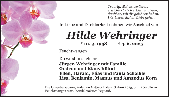 Traueranzeige von Hilde Wehringer von Dinkelsbühl/ Feuchtwangen