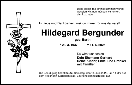 Traueranzeige von Hildegard Bergunder von Dinkelsbühl/ Feuchtwangen