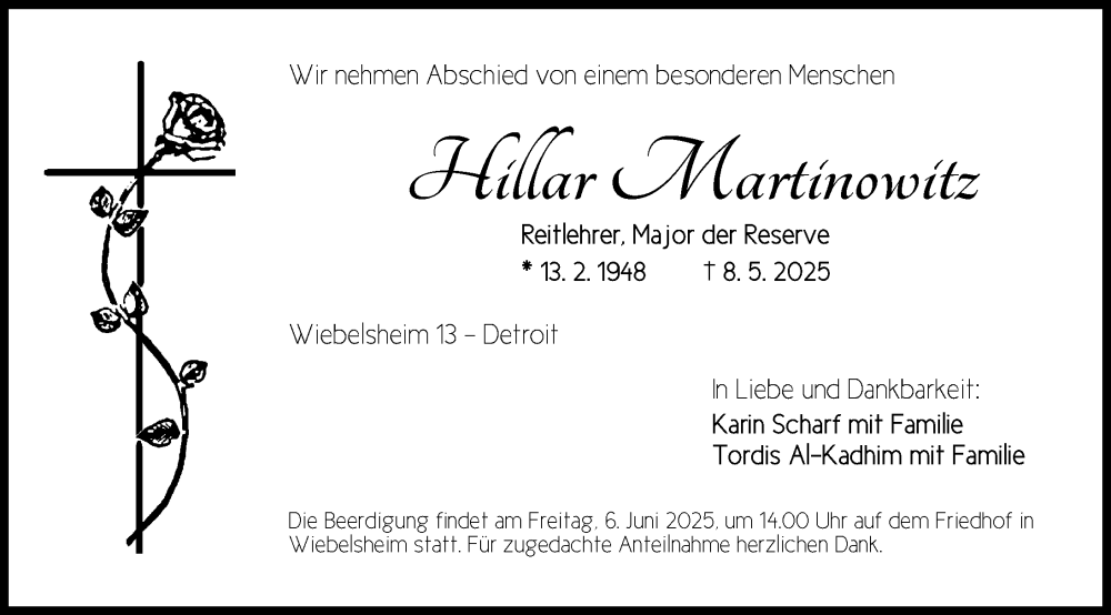  Traueranzeige für Hillar Martinowitz vom 04.06.2025 aus Neustadt/ Scheinfeld/ Uffenheim