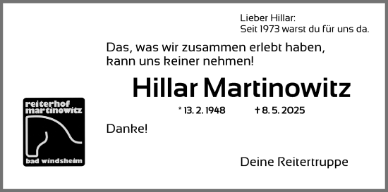 Traueranzeige von Hillar Martinowitz von Neustadt/ Scheinfeld/ Uffenheim