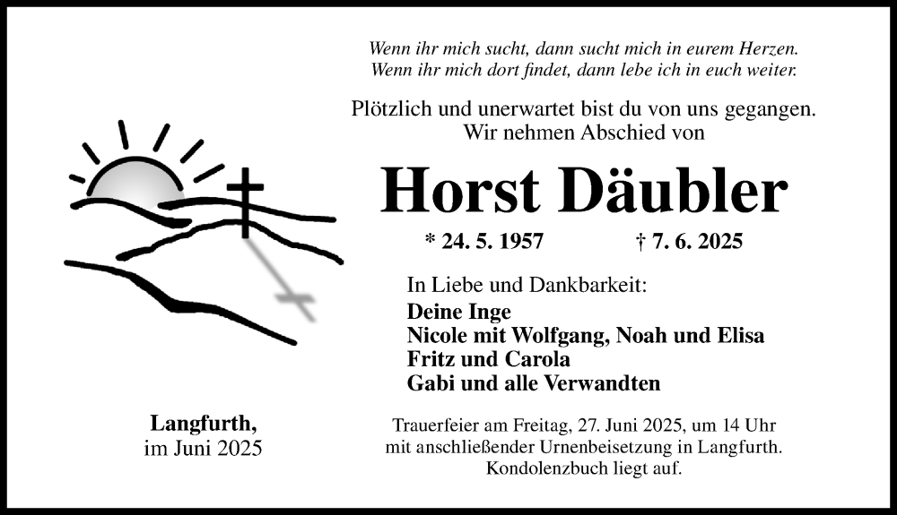  Traueranzeige für Horst Däubler vom 24.06.2025 aus Dinkelsbühl/ Feuchtwangen