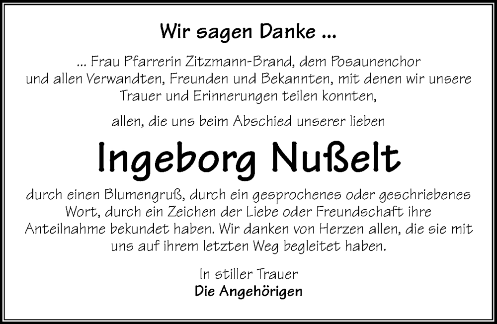  Traueranzeige für Ingeborg Nußelt vom 21.06.2025 aus Dinkelsbühl/ Feuchtwangen