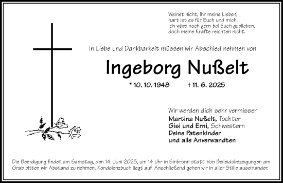 Traueranzeige von Ingeborg Nußelt von Dinkelsbühl/ Feuchtwangen